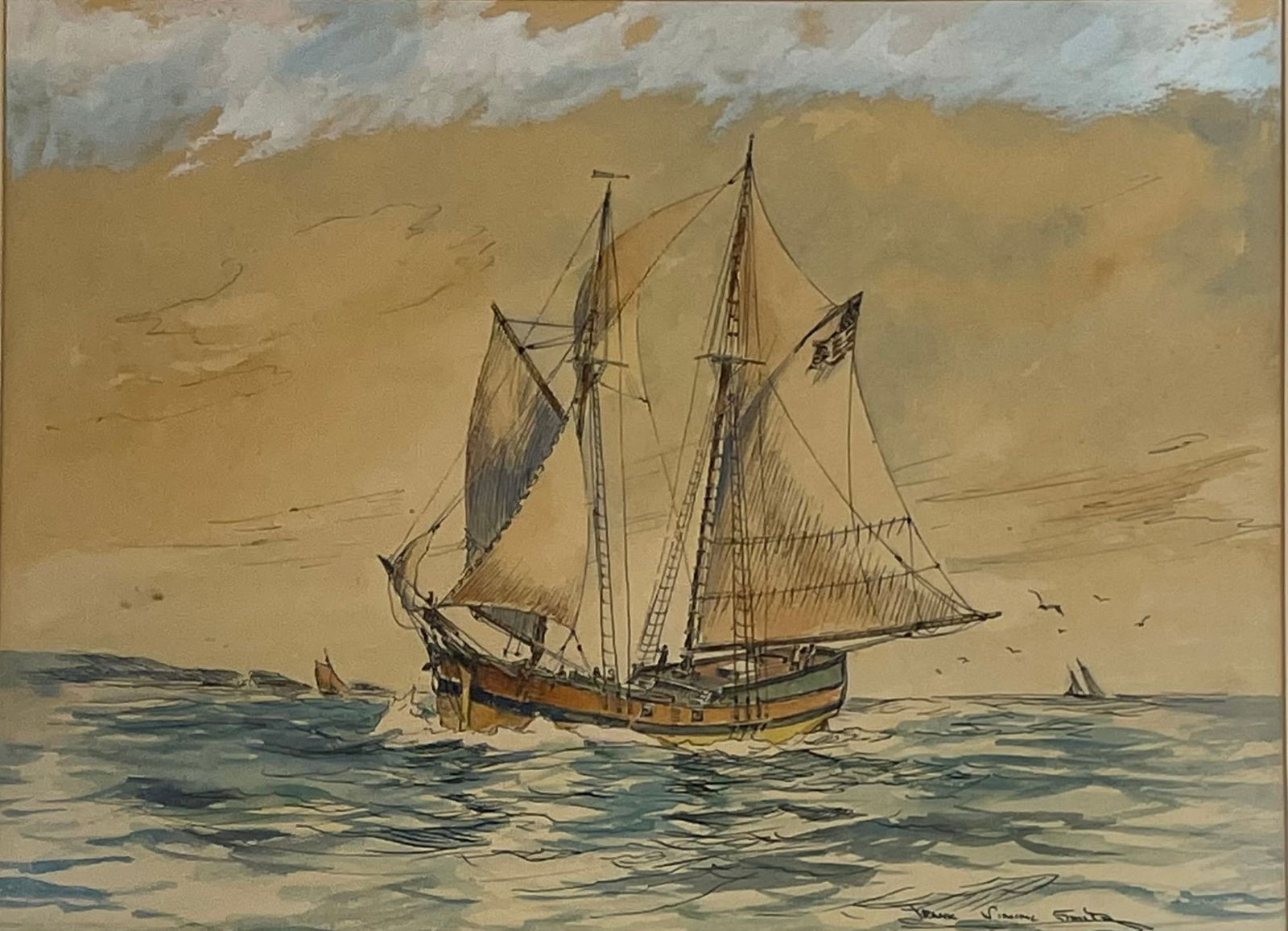 Frank Vining Smith (1879 - 1967) "SCHOONER HANNAH MARBLEHEAD 1775": Frank Vining Smith (1879 - 1967) Watercolor on paper, signed lower right, measures 10.5 x 14 and 16.5 x 20 inches w/frame. Born in Whitman, Massachusetts, Frank Vining Smith studied at the nearby Bost