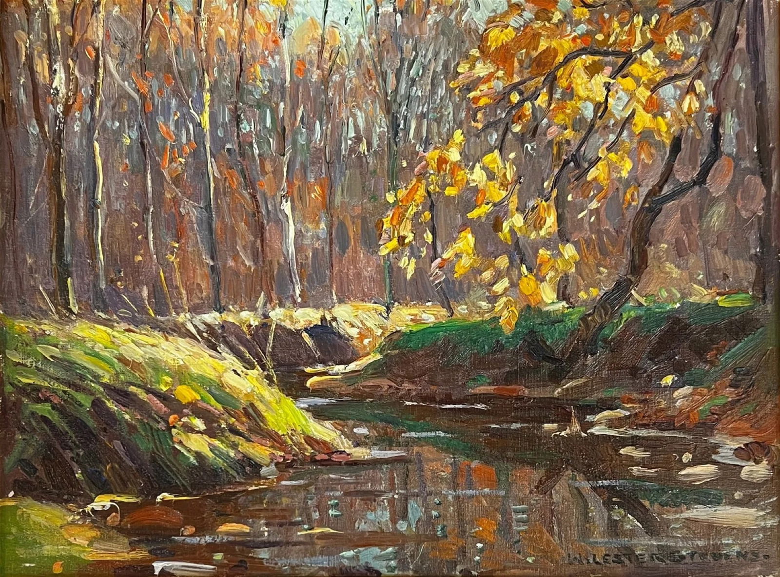 William Lester Stevens (1888 - 1969) "Autumn Brook": William Lester Stevens (1888 - 1969) Oil on board, titled "Autumn Brook", signed lower right "W. Lester Stevens", piece measures 12 x 16 and 16 x 20 inches w/frame. Recently cleaned and reframed and i
