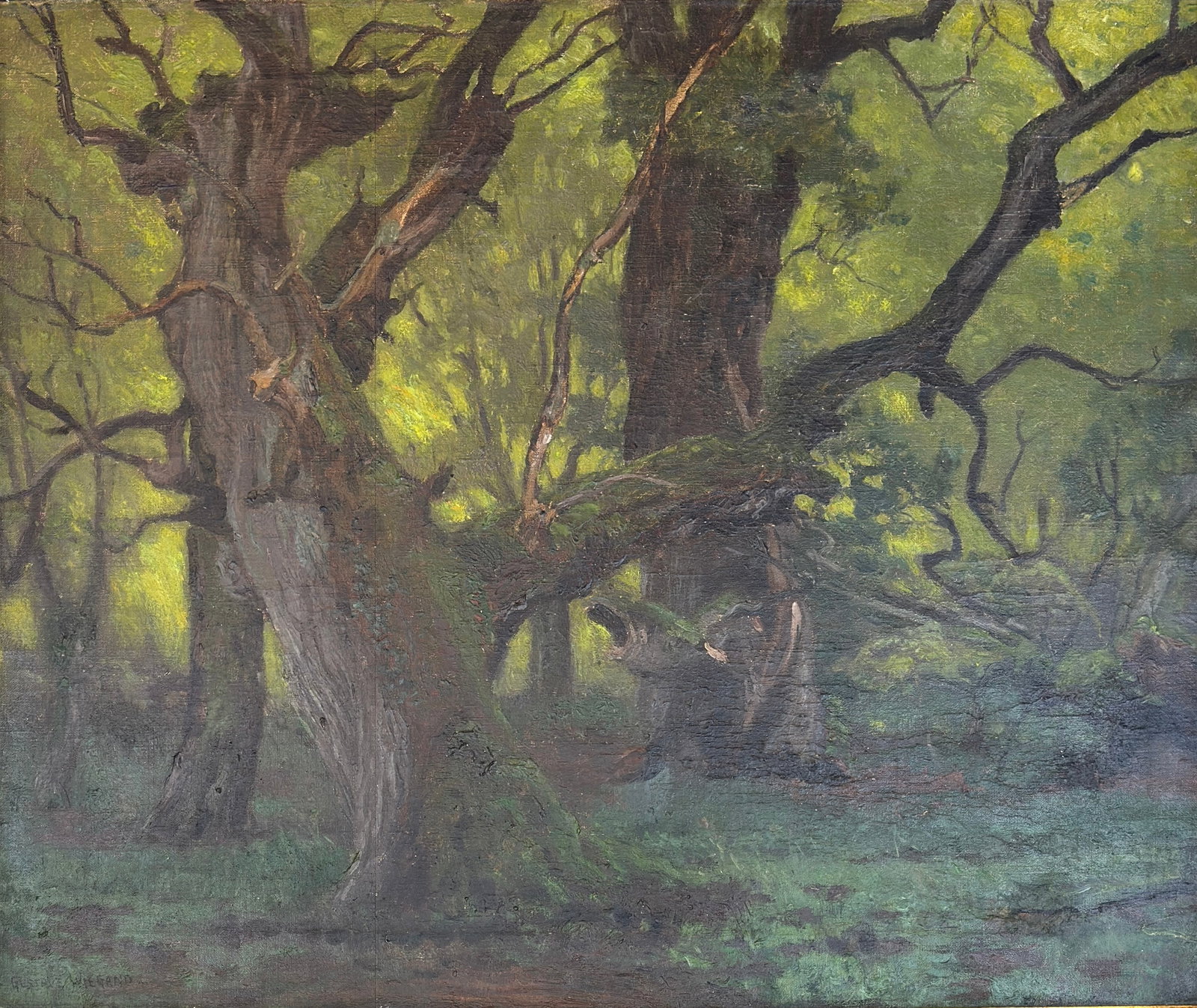 Gustave Wiegund (1870-1957) German/ American: Gustave Wiegund (1870-1957) Oil on canvas, signed lower left, piece measures 22 x 26 and 27 x 31 inches with carved wood gilt frame. From a North Massachusetts estate. Born in Bremen, Germany, landsca