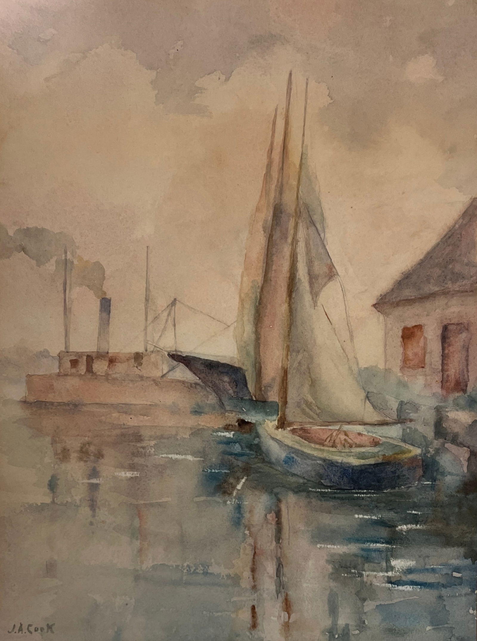 John Alfred Cook (1870 - 1936) American: John Alfred Cook (1870-1936) Watercolor and gouache on paper, signed lower left, measures 14 x 10.5 and 25 x 21.5 inches w/ frame. Born and raised on Cape Ann, Massachusetts, John Cook was inspired at