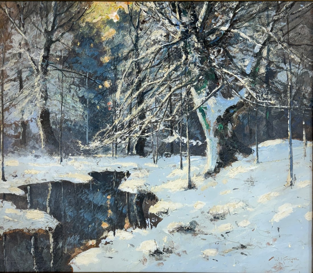 Walter Koeniger (1881-1943) Germany/ American: Walter Koeniger (1881-1943) Oil on board, signed lower right "W. Koeniger", piece measures 19.5 x 23 and 25.5 x 29 inches w/ frame. From an Upstate New York Collection. Known for his paintings of snow