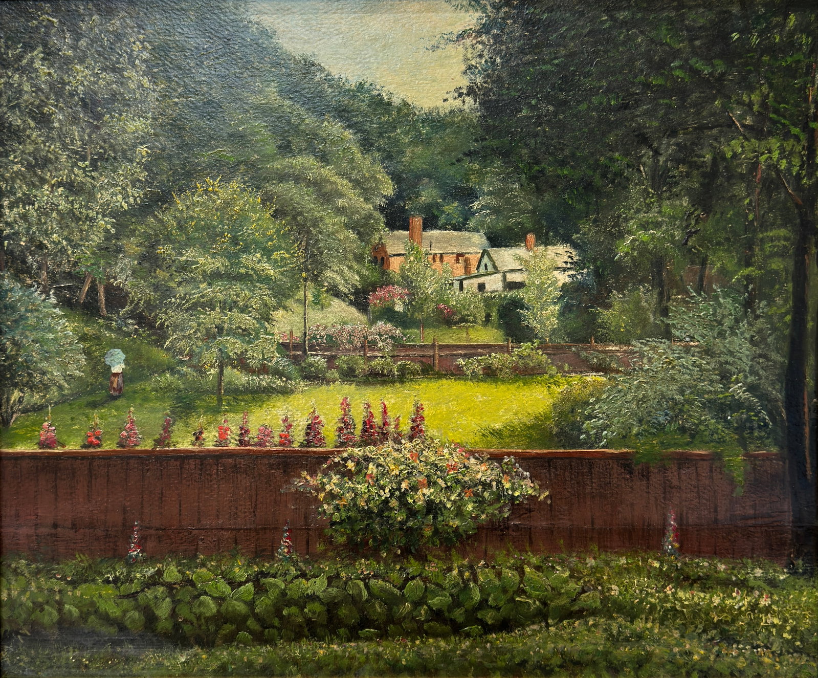 American School (19th Century): American School (19th Century) Oil on board depicting country home with beautiful garden scenes and woman walking on the left side path, piece measures 17 x 19 and 20 x 23 inches with carved wood and 