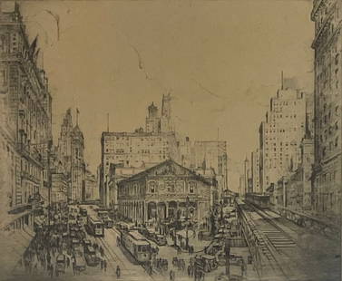 Leon Louis Dolice (1892-1960) "Herald Square, NY": Leon Louis Dolice (1892-1960) Original copperplate etching on paper titled "Herald Square, NY", signed lower right "Dolice", piece is in great condition and measures image size 9 3/4" x 9 1/2"Leon Lou