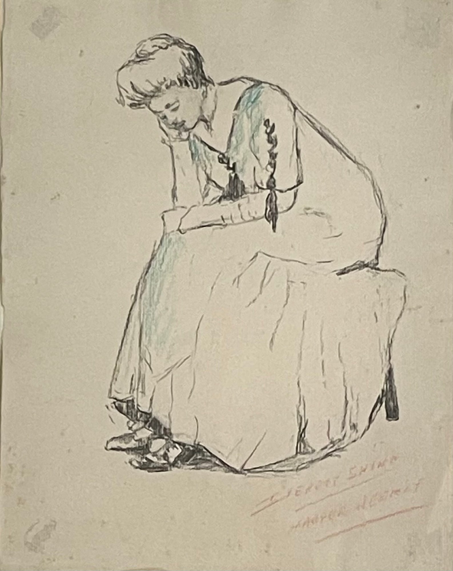 Everett Shinn (1876-1953) Female Figure for Harpers Weekly: Everett Shinn (1876-1953) Original Graphite and colored pencil drawing on paper depicting female figure for Harpers Weekly, signed lower right "Everett Shinn, Harpers Weekly" in red colored pencil, pi