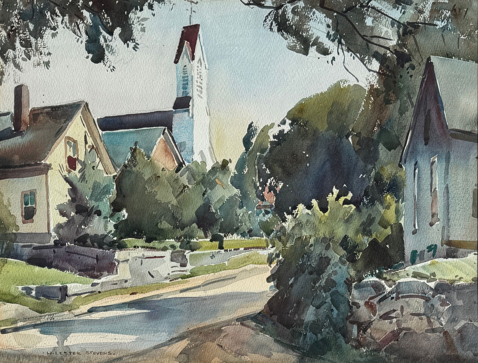William Lester Stevens (1888 - 1969) "Main Street with White Church" (1 of 3)