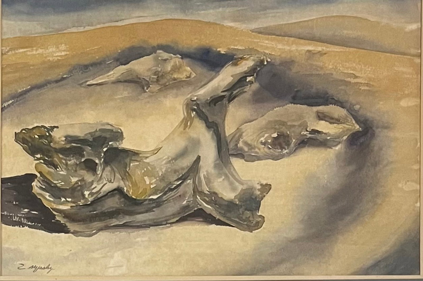 Zoltan Leslie Sepeshy (1898 - 1974) Hungarian/ American: Zoltan Leslie Sepeshy (1898-1974) Watercolor on paper depicting beach scene, signed lower left, piece measures 14 x 21 and 27 x 33 inches w/frame. Zoltan Sepeshy was born in Kassa, Hungary, emigrated 