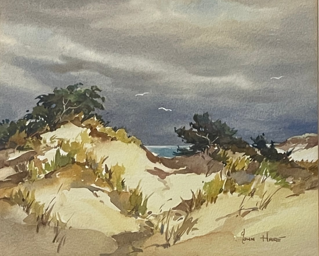John Cuthbert Hare (1908 - 1978) "Cape Cod Dunes": John Cuthbert Hare (1908 - 1978) Watercolor on paper, signed lower right and titled. by hand on mat "Cape Cod Dunes", piece measures 7 x 8 and 14.5 x 16 inches w/frame. New England painter John Hare w