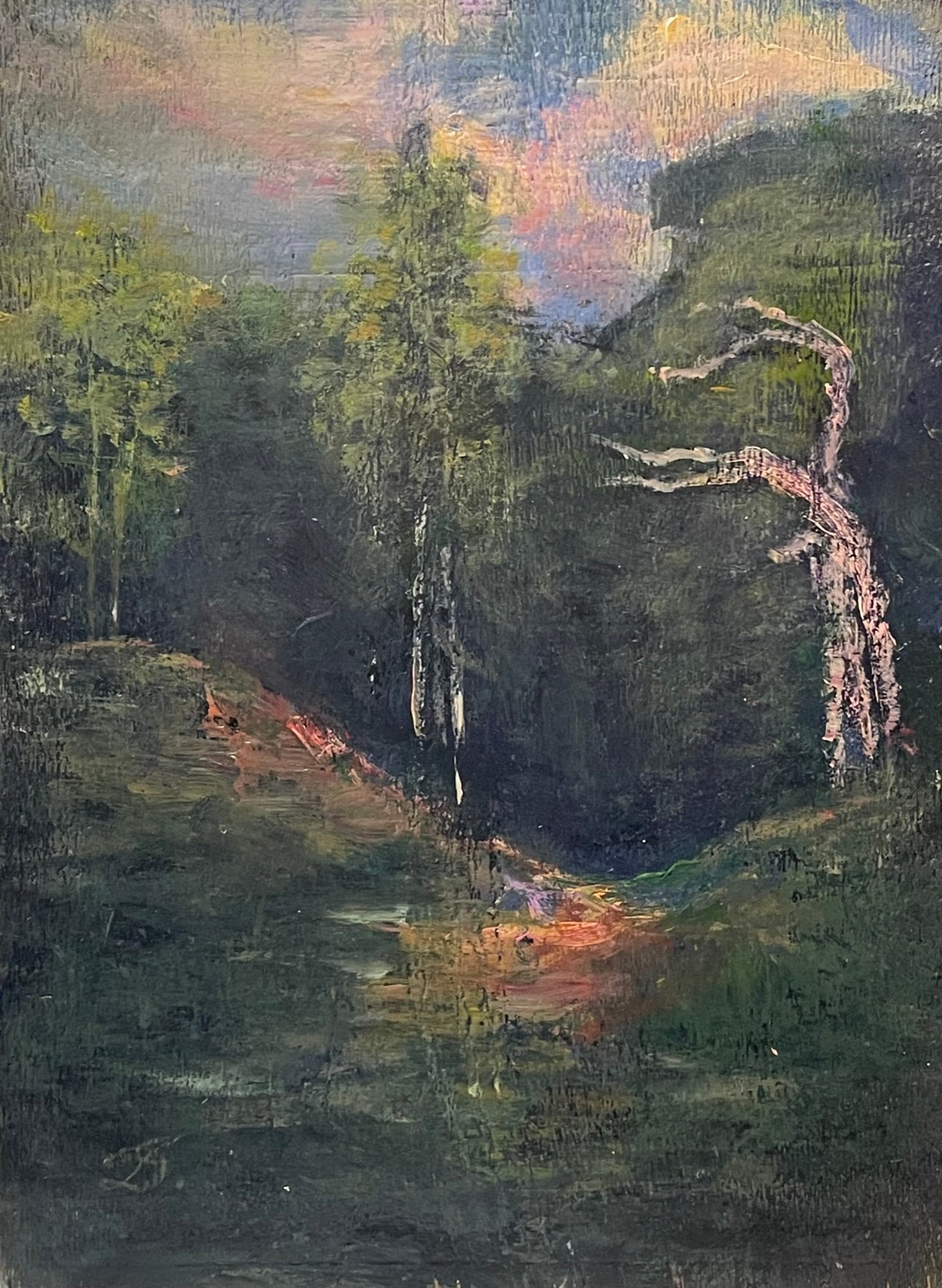 David Johnson (1827 - 1908) American: David Johnson (1827 - 1908) Oil on wood panel, monogram signed lower left, piece measures 7 x 5 and 11 x 9 inches with frame. Let us know if you have any other questions whatsoever. Warm regards, Cutl