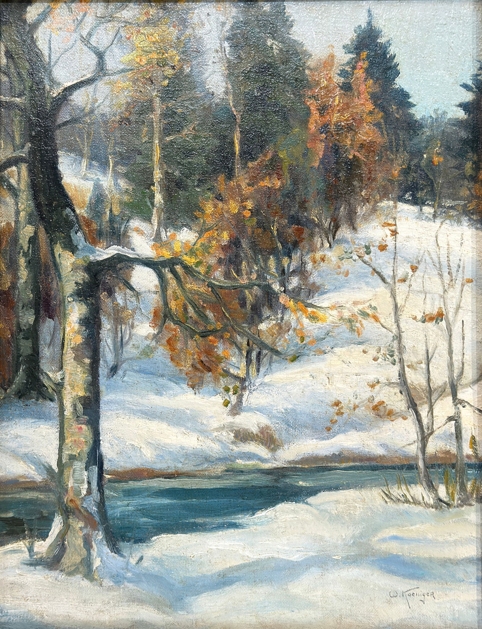 Walter Koeniger (1881 - 1943) New York: Walter Koeniger (1881 - 1943) Oil on canvas board , Signed , measures 18 x 14 and 17 x 21.5 inches w/frame. Known as "the Painter of Snow," Walter Koeniger was the son of an architect, born in Germany