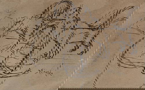 Theophile Alexandre Steinlen (1859 - 1923) France/Switzerland: Theophile Alexandre Steinlen (1859 - 1923) Ink on paper, signed lower right, measures 4.5 x 7 and 12 x 14.5 inches w/frame. Théophile Alexandre Steinlen, was a Swiss-born French Art Nouveau painter a