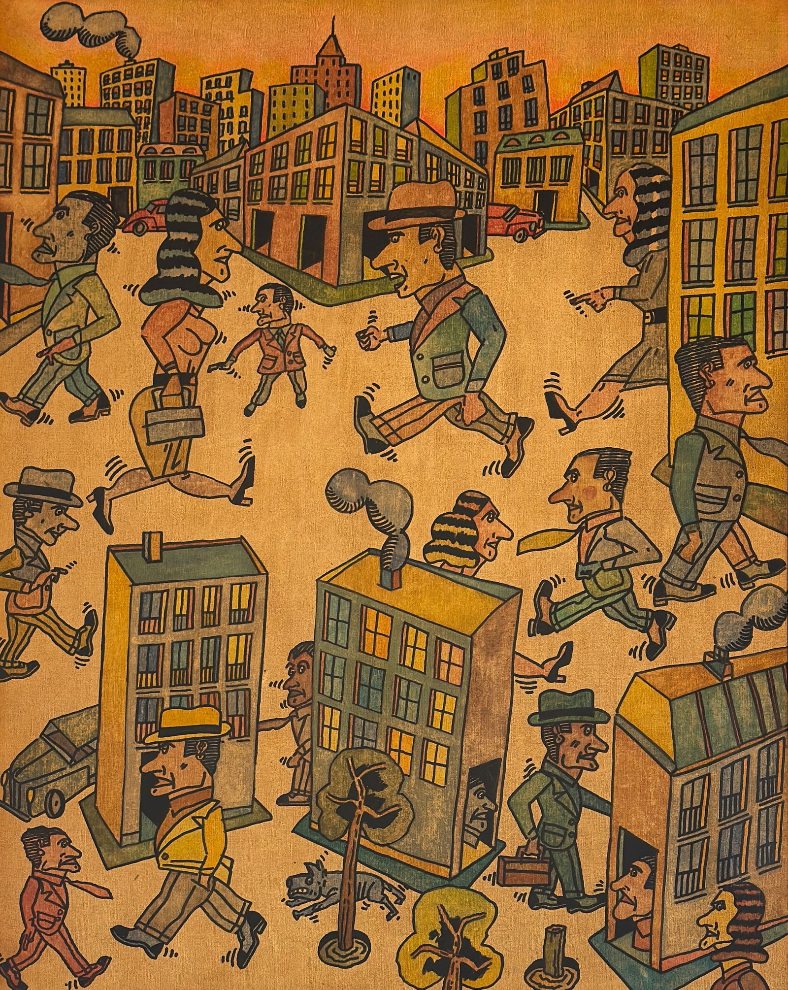 Antonio Segui (1934-2022) "En la Calle": Antonio Segui (1934-2022) Acrylic on canvas depicting typical characters by the artist and titled "En la Calle", signed and titled lower right, "Segui, En la Calle 2009", piece measures 35.83 x 28.74