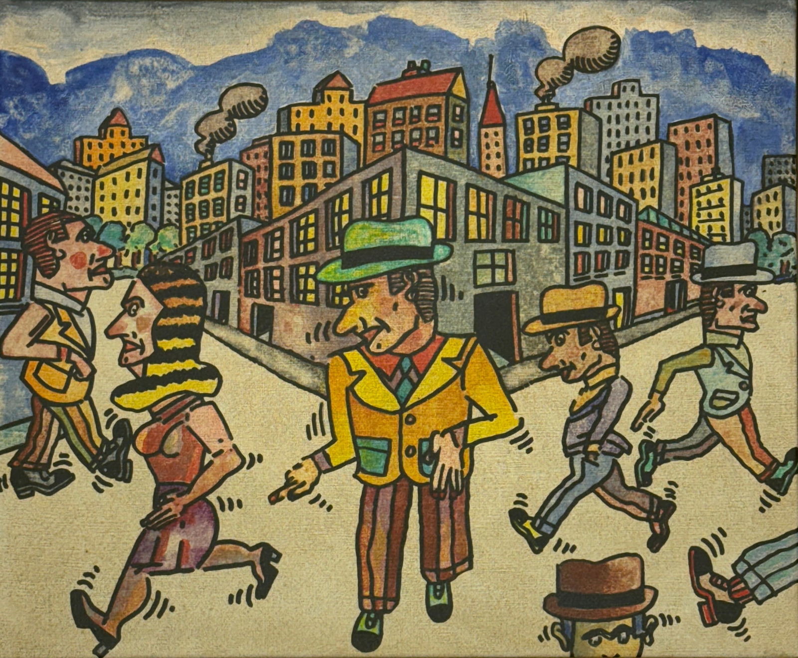 Antonio Segui (1934-2022) "En la Esquina": Antonio Segui (1934-2022) Acrylic on canvas depicting typical characters by the artist and titled "En la Esquina", signed on verso, Segui and dated 2010, piece measures 14.76 x 17.91 in./ 37.5 x 45.5