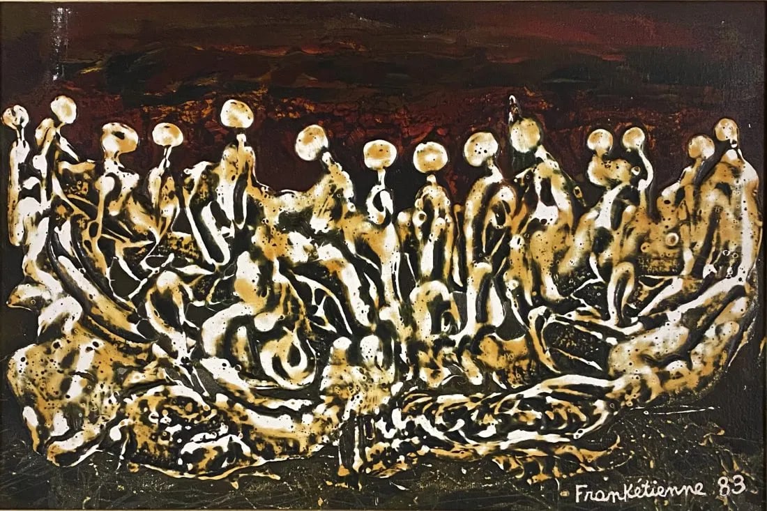 Frank Etienne (Born 1936) Haiti: Frank Etienne (Born 1936) Oil on canvas Board, Signed Frank ettien 83 and dedicated to important Haitian banker, measures 24" x 36". Surreal painting. Frankétienne is a Haitian writer, poet, playwrig