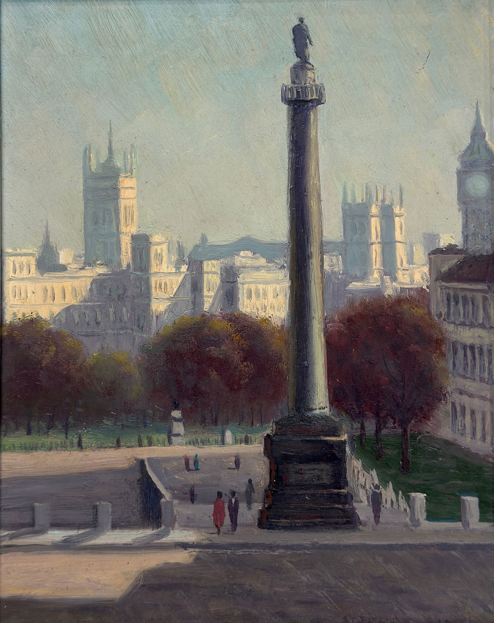 Stephen Sims (20th Century) "Trafalgar Square, London": Stephen Sims (20th Century) Oil on masonite panel depicting Trafalgar Square, London, signed faintly bottom right and on verso "Trafalgar Square", piece measures 10 x 8 and 12.5 x 10.5 inches w/frame.