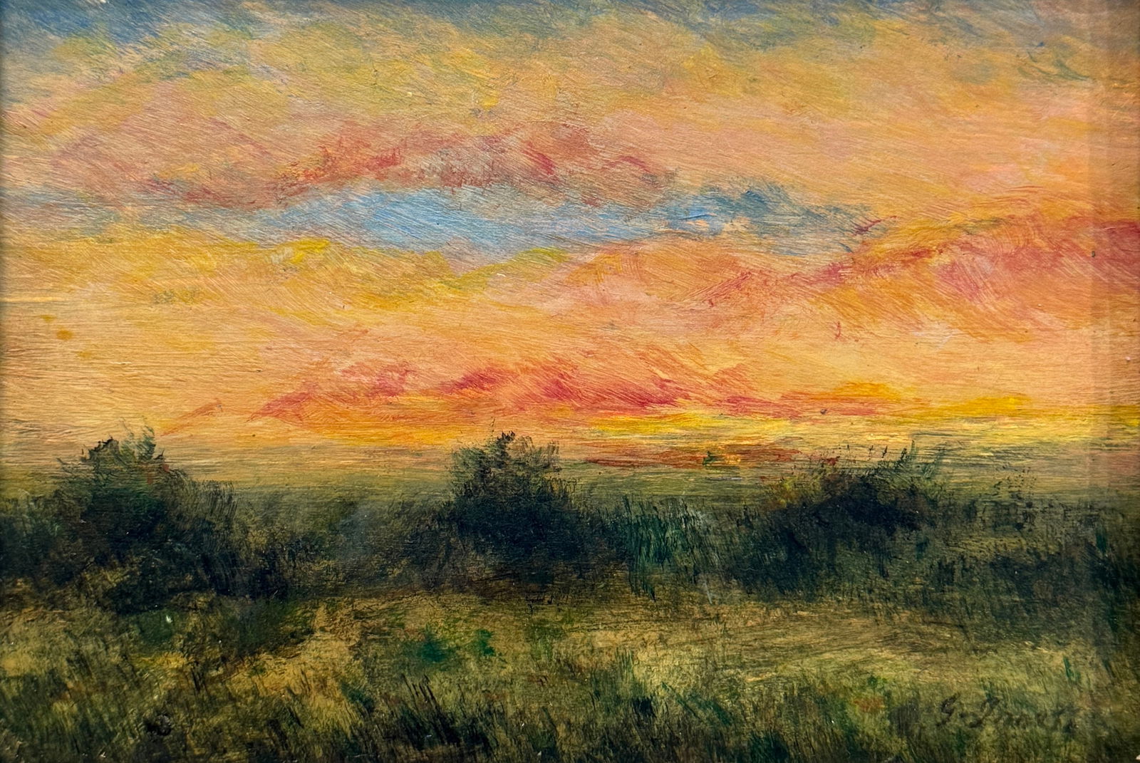 George Inness (1825 - 1894) American: George Inness (1825–1894) Oil on wood panel, signed lower right "G. Inness", piece measures 5 x 7 and 9.5 x 11 inches framed. George Inness was a prominent American landscape painter. Now recognized