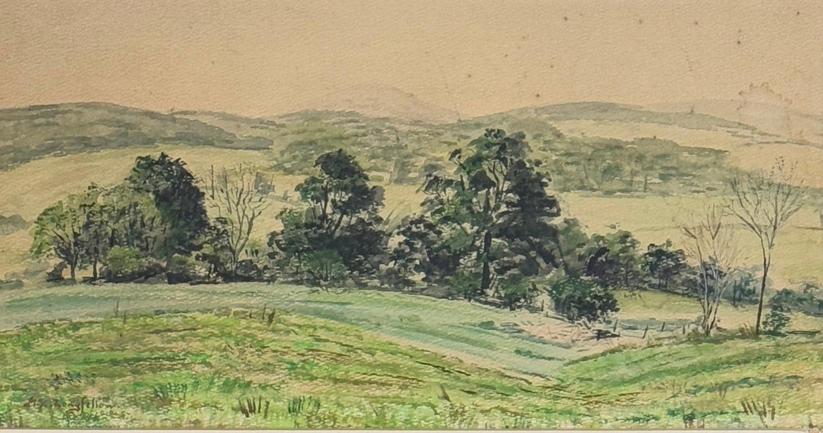 Mary King Longfellow (1852 - 1945) American: Mary King Longfellow (1852 - 1945) Watercolor on paper, signed lower left "M.K. Longfellow", piece measures 8 x 14.5 and 13.5 x 22.5 inches w/frame. She studied at the Museum of Fine Arts School of Dr