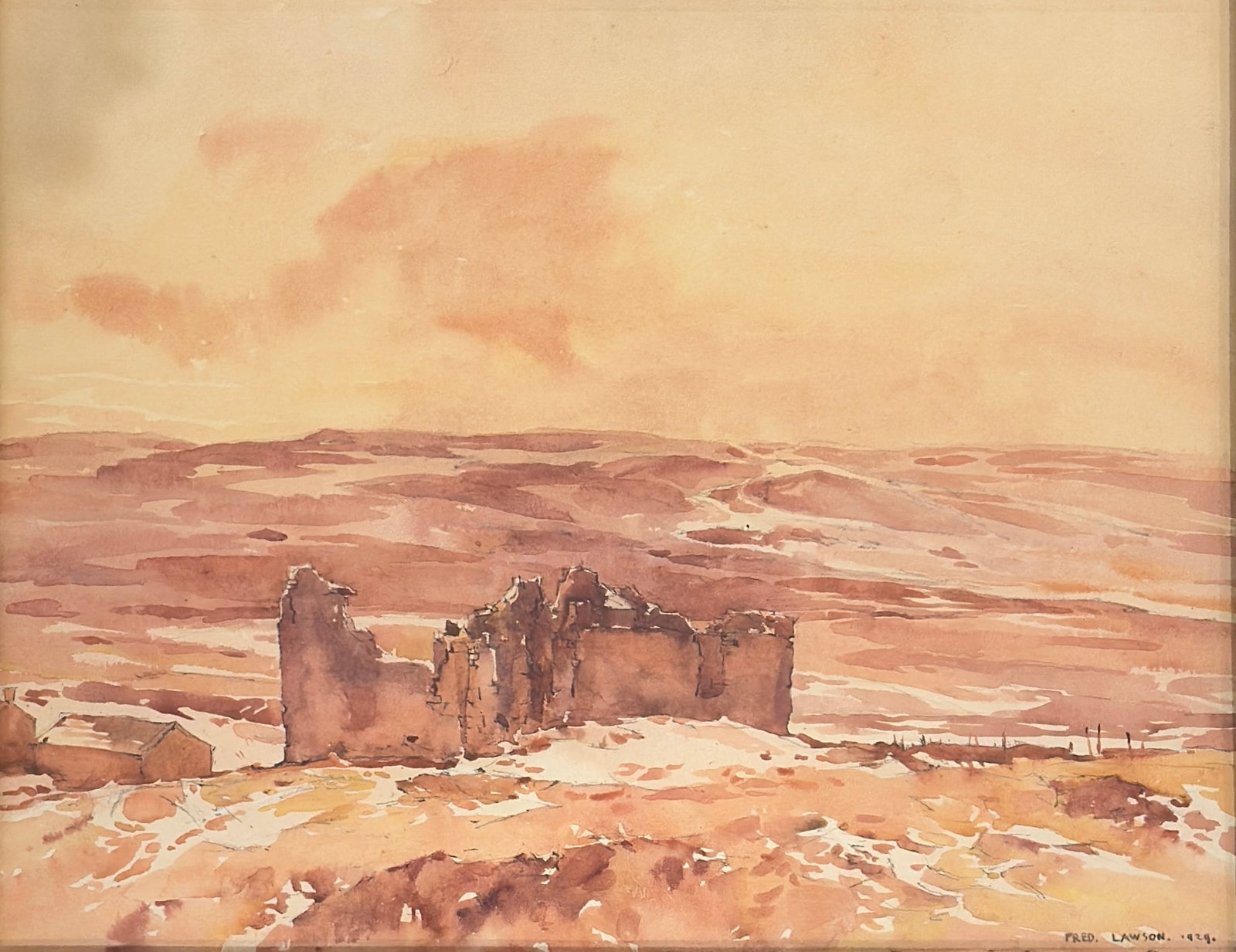 Fred Lawson (1888 - 1968) Circa 1929: Frederick (Fred) Lawson (1888 - 1968) Watercolor and pencil on paper, signed & dated lower right "Fred Lawson" and dated 1929, piece measures 12 x 15.5 and 14.5 x 18 inches w/frame. Painter, printmake