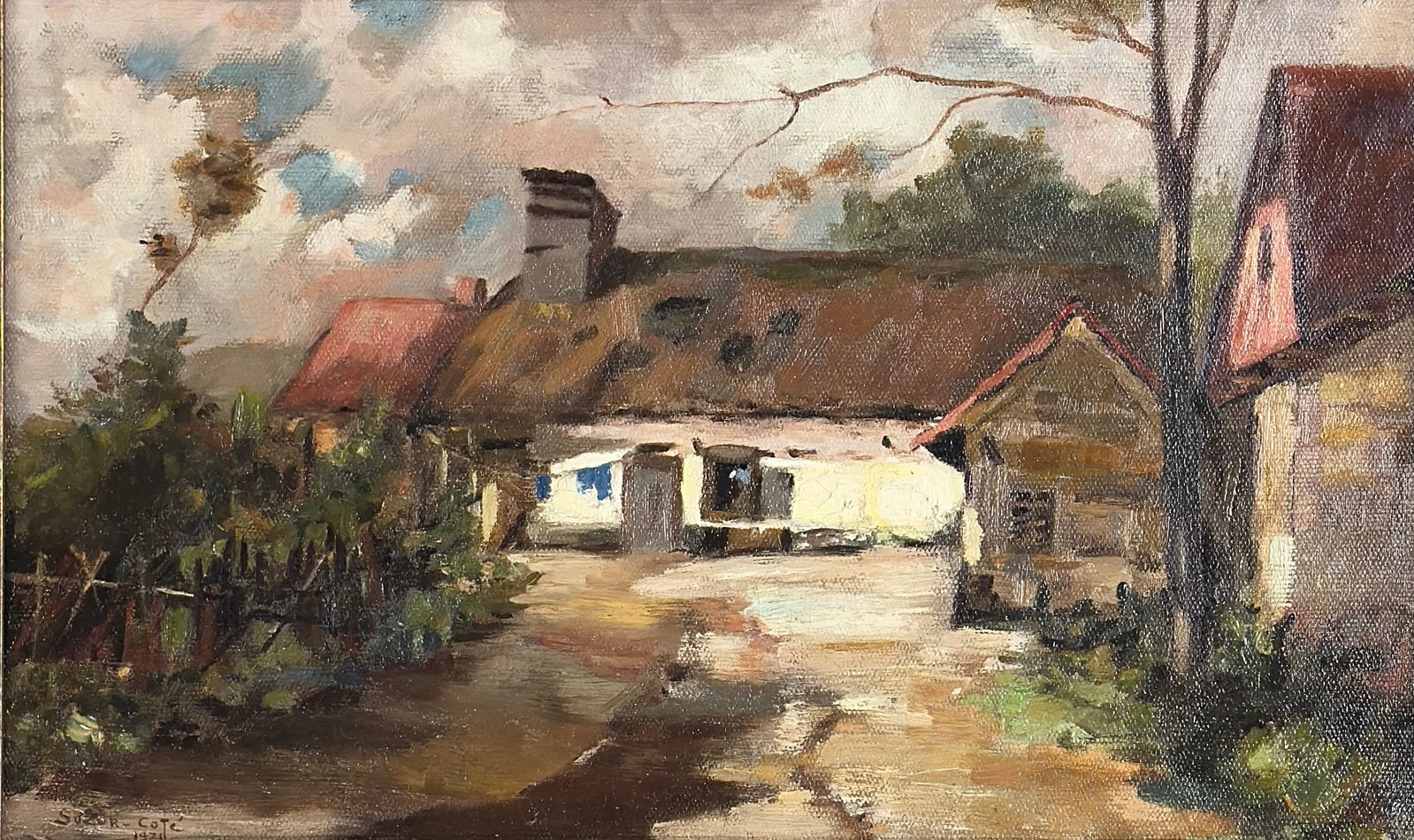 Marc-Aurele de Foy Suzor-Cote (1869-1937) American/France/Canada: Marc-Aurele de Foy Suzor-Cote (1869-1937) Oil on canvas, signed lower left "Suzor Cote" and dated 1921 or 1920, piece measures 11 x 18 and 15.5 x 22 inches w/frame. Daytona Beach, Florida Collection. 