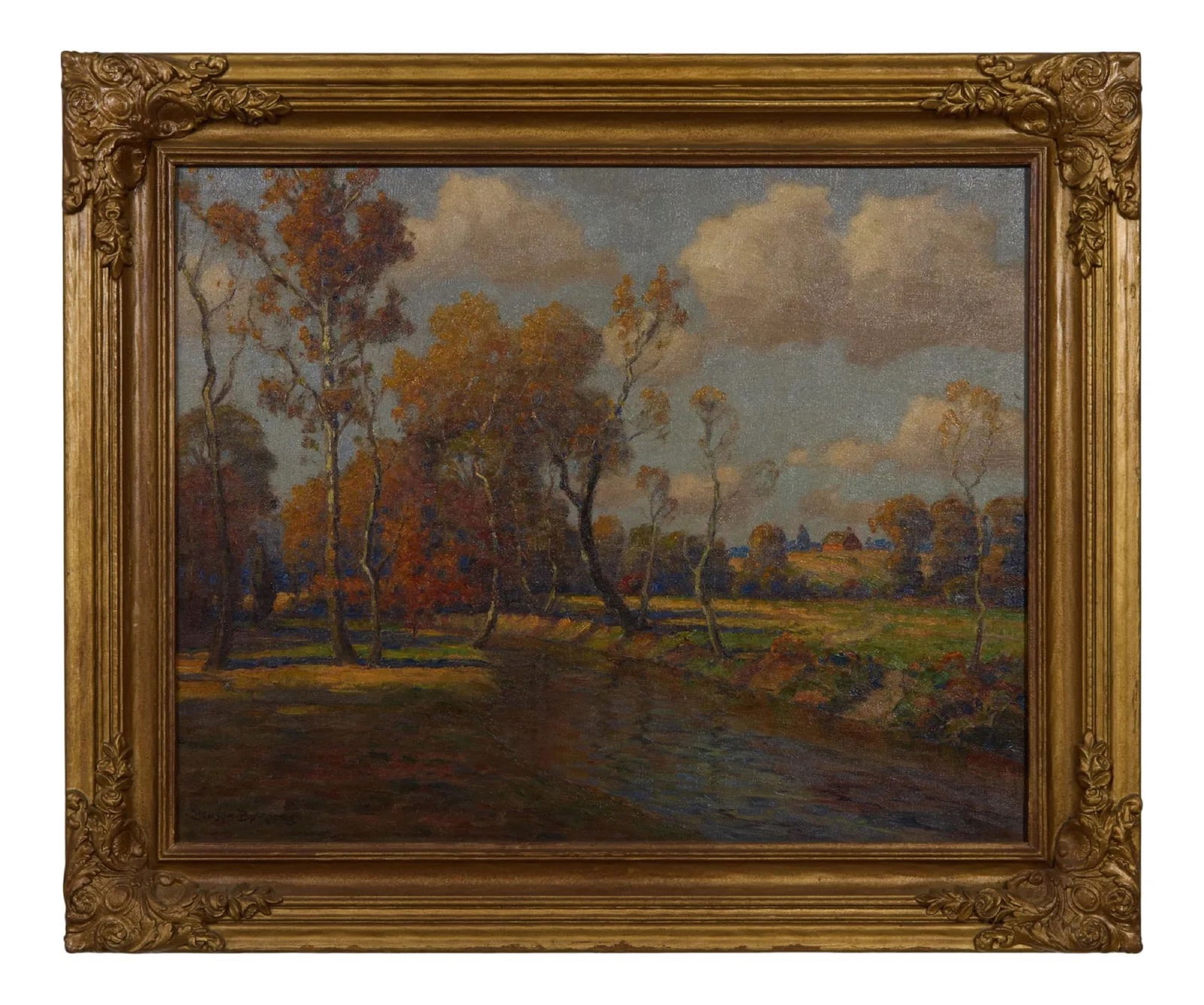 Benson Bond Moore (1882 - 1974) "Autumn Along Rock Creek,": Benson Bond Moore (American/Washington, D.C./Florida, 1882-1974), "Autumn Along Rock Creek," oil on canvas, signed lower left, presented in a giltwood frame, H.- 16 in., W.- 20 in., Framed- H.- 20 1/2
