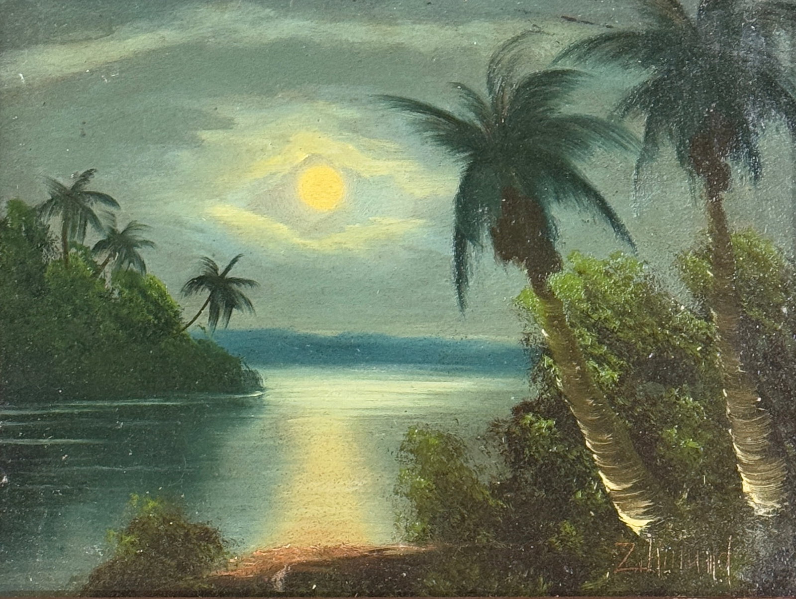 Madam Zikmund Florida Highwaymen 19th Century: Madam Zikmund Florida Highwaymen 19th Century, oil on Upson board depicting Florida night scene, signed lower right Zikmund, piece is in great condition and measures 11 x 14 and 15 x 18 inches with or