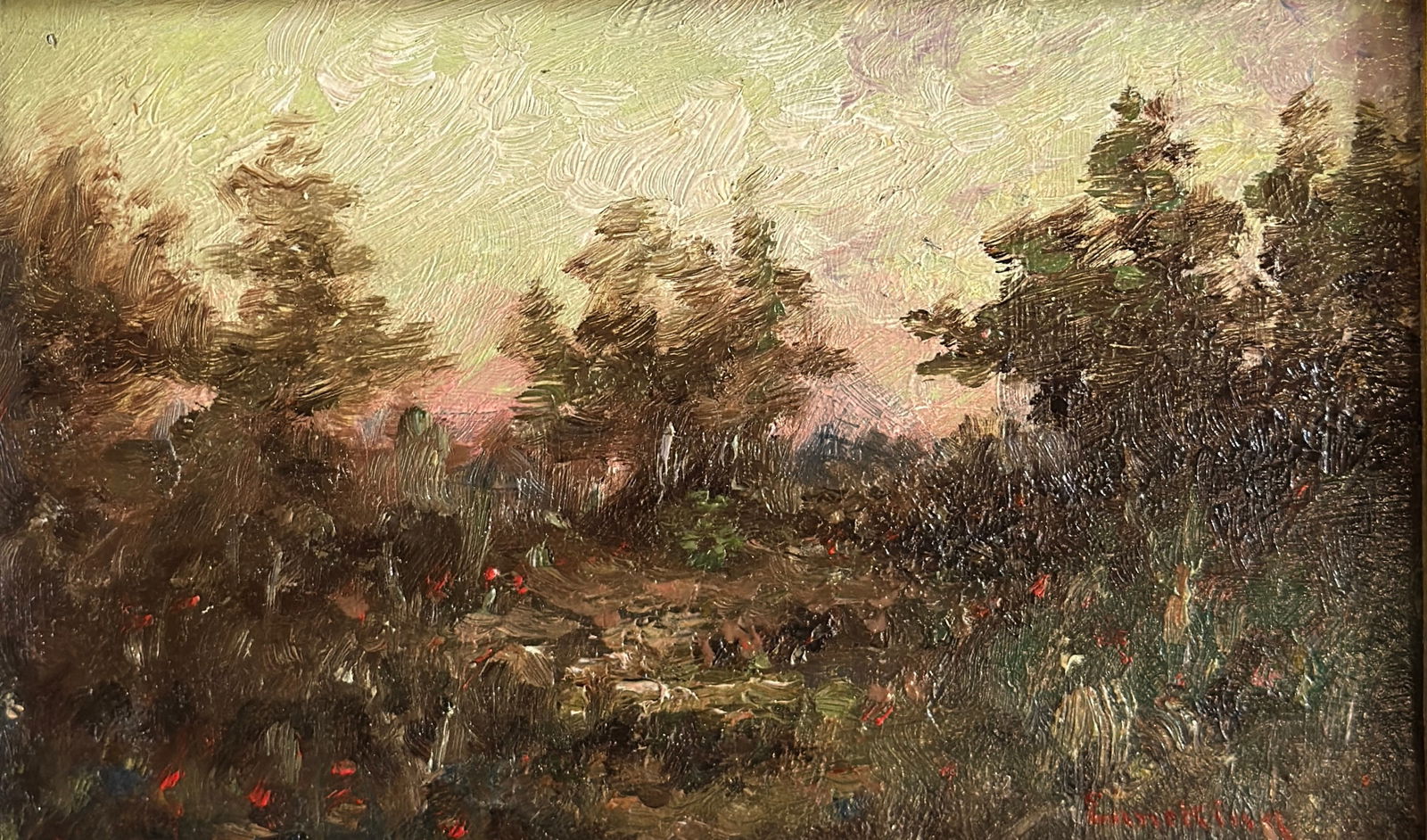 John Joseph Enneking (1841 - 1916) American: John Joseph Enneking (1841 - 1916) Oil on board, signed lower right, piece measures 4 x 6 and 8 x 10 inches w/frame. One of New England's prominent landscape artists of the late nineteenth century, Jo