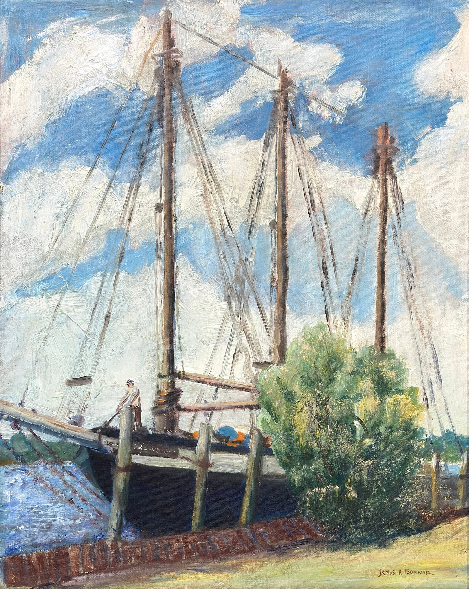 James King Bonnar (1883/85 - 1961) American: James King Bonnar (1883/85 - 1961) Oil on board, signed lower right, piece measures 20 x 15 and 23 x 19 inches w/frame. Active in the North Shore, Newton, and Rockport, Massachusetts art associations,