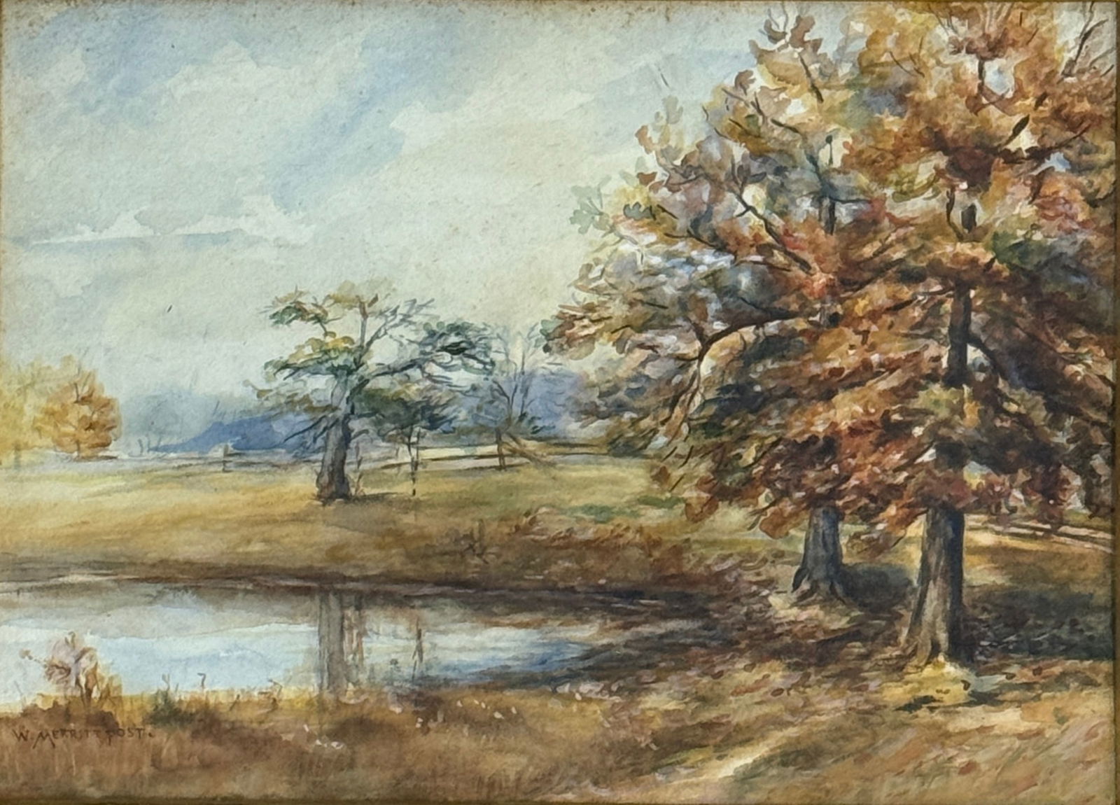 William Merritt Post (1856 - 1935) American: William Merritt Post (1856 - 1935) Watercolor on paper, signed lower left, piece measures 9.5 x 13.5 and 21 x 24 inches w/frame. William Merritt Post was an accomplished tonalist painter known for his