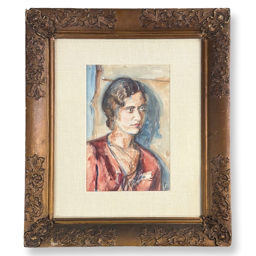 David Davidovich Burliuk (1882 - 1967) Portrait of Sylvia Resnick: David Davidovich Burliuk (1882 - 1967) Mixed Media on paper portrait depicting Sylvia Resnick, signed lower right in watercolor, piece measures 14 x 9.5 and 26.5 x 13 inches w/frame. David Burliuk is