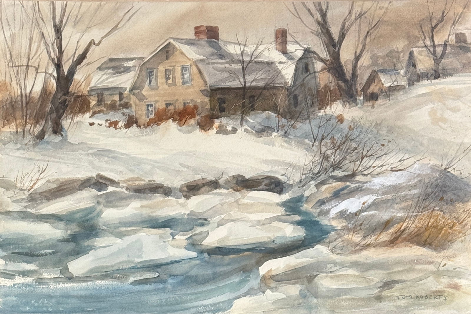 Thomas Keith Roberts (1909-1998) Canada: Thomas Keith Roberts (1909-1998) Watercolor on paper laid on board, piece signed lower right "Tom Roberts", piece measures 14 x 21 and 22 x 29.5 inches w/frame. A popular Canadian painter, draftsman,