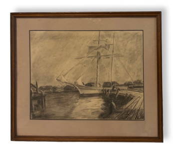 Anthony Thieme (1888 - 1954) American: Anthony Thieme (1888 - 1954) Pencil on paper depicting sailboat, signed lower left, piece measures 19 x 16 and 28 x 23 inches w/frame.