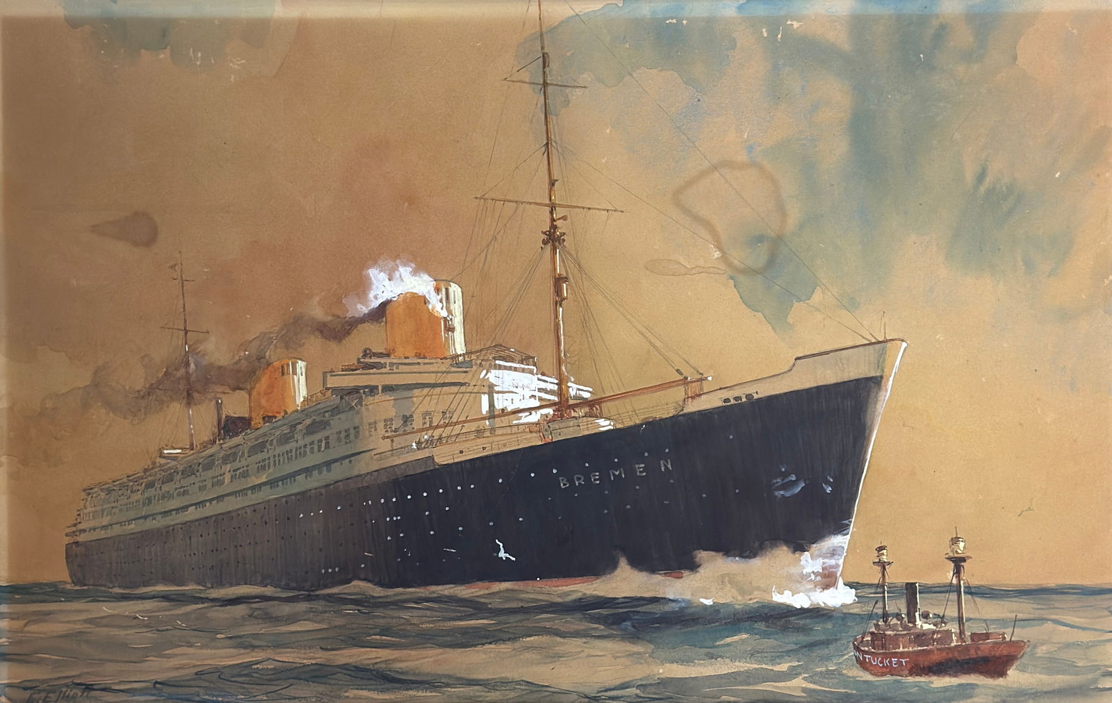 Frederick James Elliott (1864 - 1949) Nantucket Tugboat and Bremen Steamer (1 of 5)