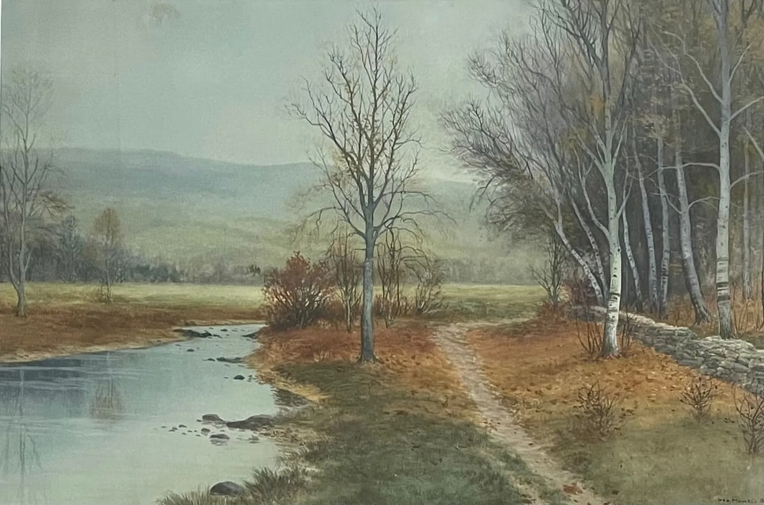 George Howell Gay (1858 - 1931) "Brooke and Forest": George Howell Gay (1858 - 1931) Watercolor on paper titled "Brook and Forest", signed lower right "Geo Howell Gay", piece measures 16 x 24 and 23.5 x 31.5 inches w/frame. Not examined out of frame, ap