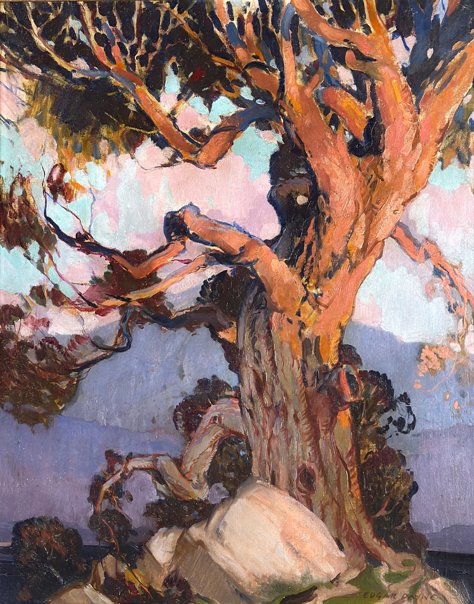 Edgar Alwin Payne (1883 - 1947) Cypress Trees Monterey: Edgar Alwin Payne (1883 - 1947) Oil on canvas professionally relined, signed lower right, piece measures 28 x 22 and 35 x 29 inches with beautful ornate frame. Long Time San Diego Collection/ Since Pa