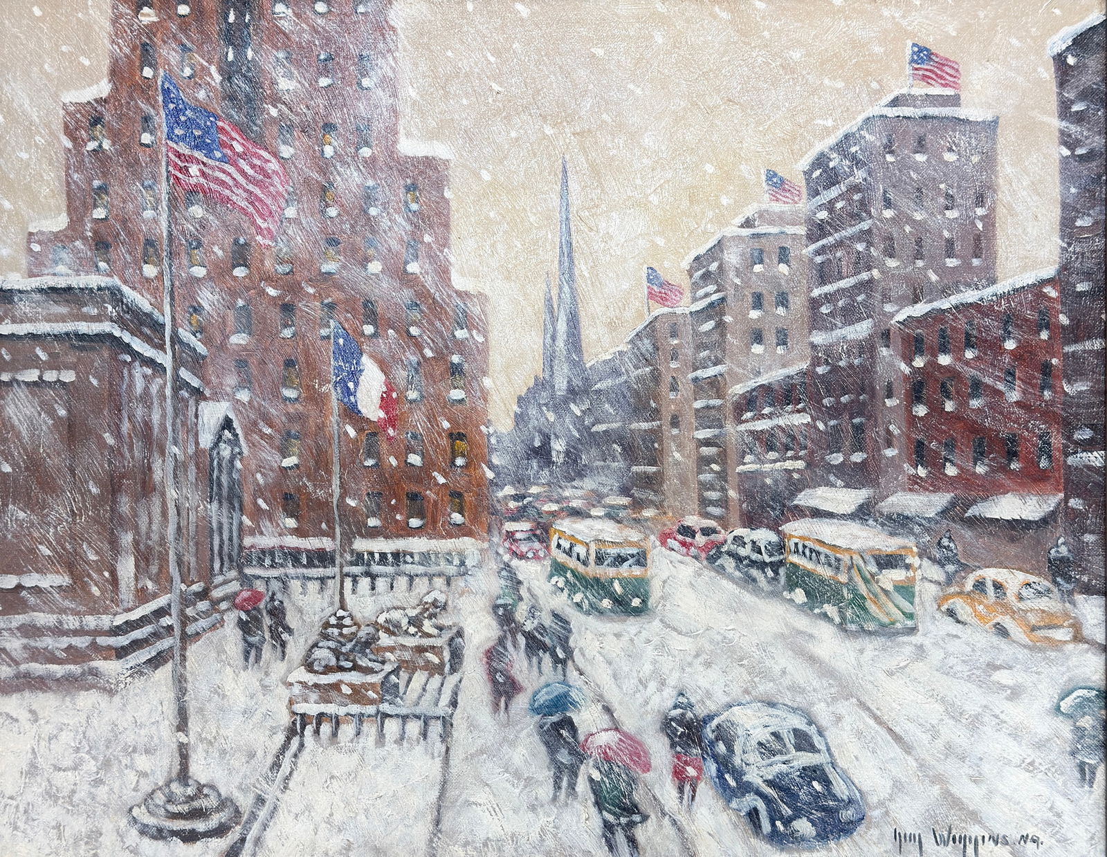 Guy Carleton Wiggins (1883 - 1962) "The Library in Winter": Guy Carleton Wiggins (1883 - 1962) Oil on canvasboard titled on verso "The Library in Winter", signed lower right and titled on verso, piece measures 16 x 20 and 19 x 23 inches w/frame. Piece was purc