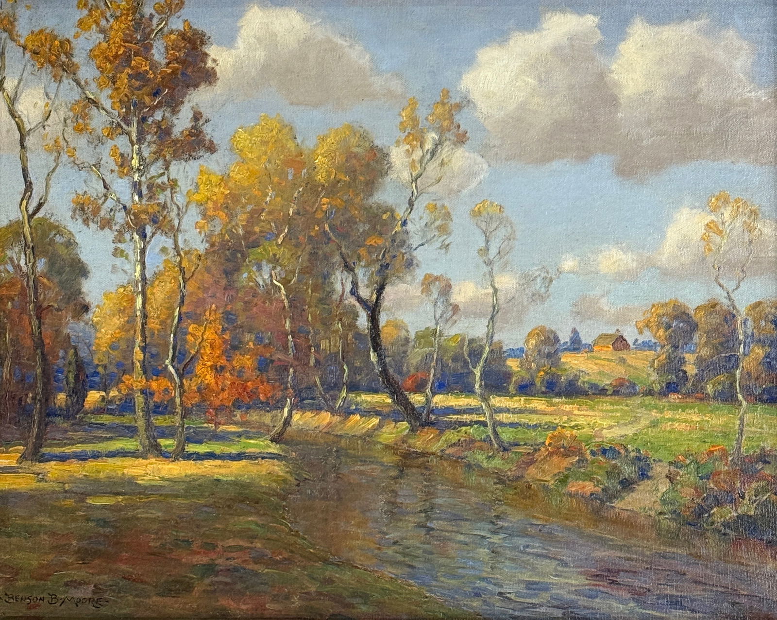 Benson Bond Moore (1882 - 1974) "Autumn Along Rock Creek,": Benson Bond Moore (American/Washington, D.C./Florida, 1882-1974), "Autumn Along Rock Creek," oil on canvas, signed lower left, presented in a giltwood frame, H.- 16 in., W.- 20 in., Framed- H.- 20 1/2