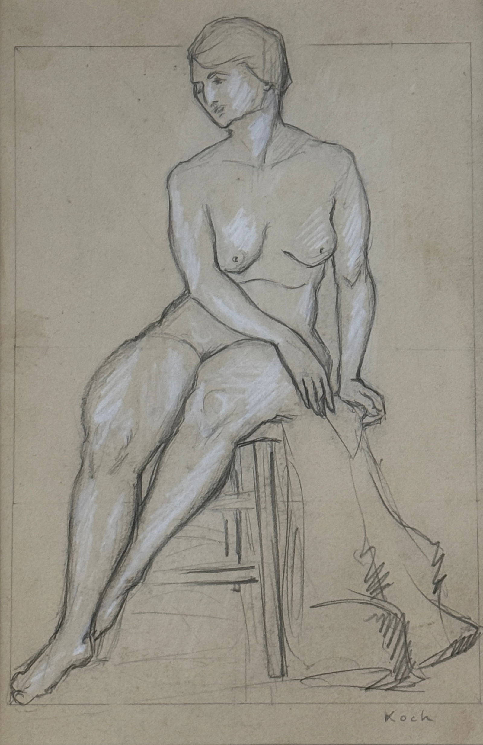 John Koch (1909 - 1978) American/France: John Koch (1909 - 1978) Graphite and gouache on paper depicting nude, signed lower right, piece measures 10 x 6.5 and 15.5 x 12 inches w/frame. John Koch was a self-educated artist. Born in Toledo, Oh