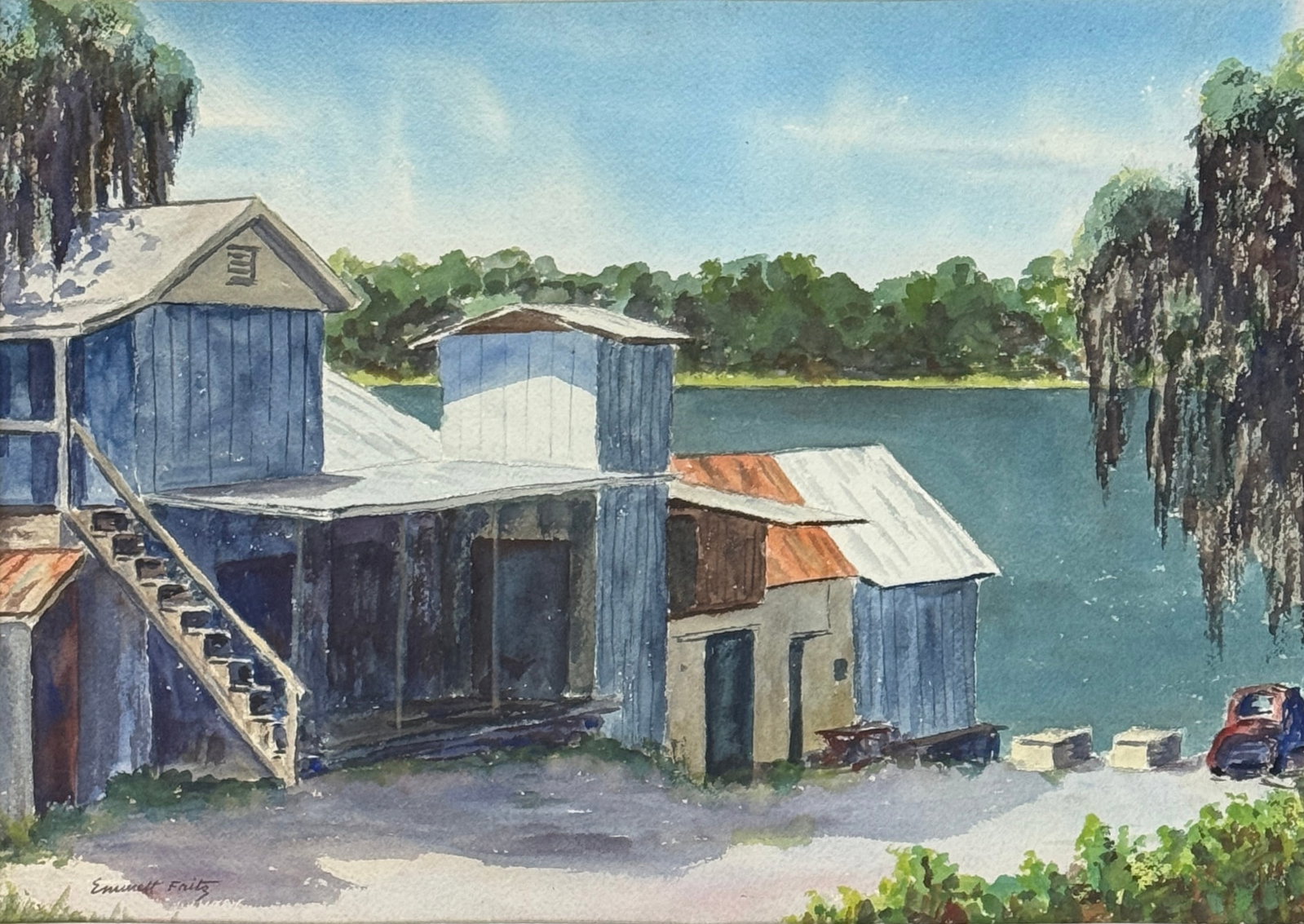 Emmett John Fritz (1917 - 1995) American: Emmett John Fritz (1917 - 1995) Watercolor on paper, signed lower left, measures 14 x 20 and 25 x 31 inches w/frame. The painter and illustrator professionally known as Emmett John Fritz (born John Em