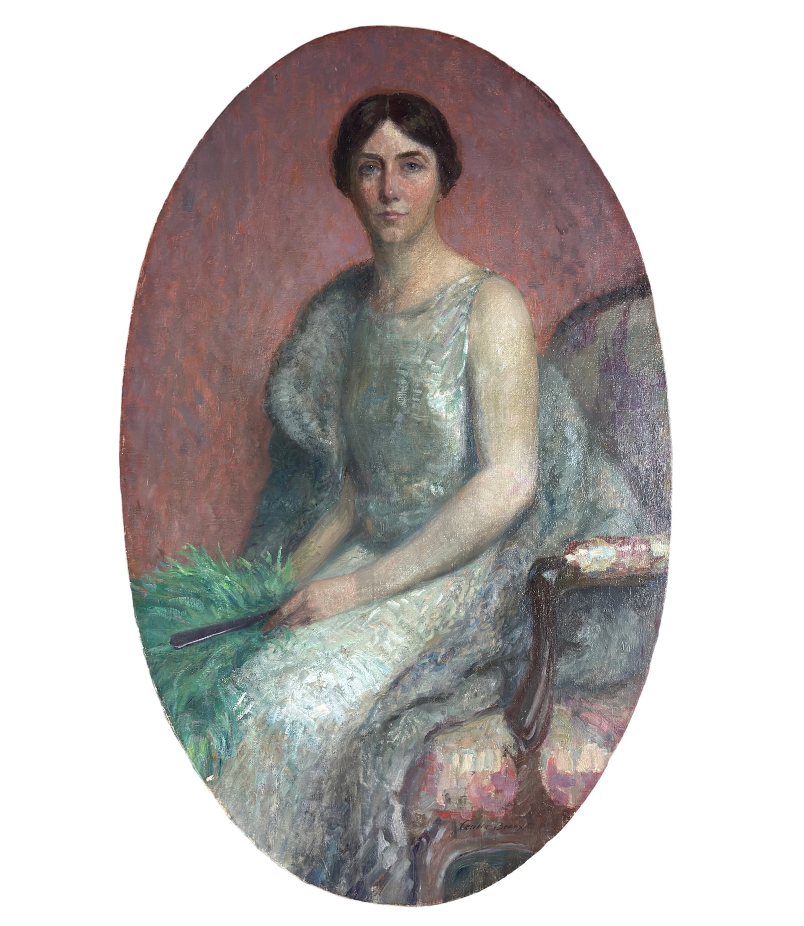 Cecilia Beaux (1855 - 1942) Portrait of American Socialite: Cecilia Beaux (1855 - 1942) Portait of an American Socialite oil on a rounded canvas, piece is signed mid lower right, piece measures 35 x 28 inches unframed, original frame was removed years back. Pr