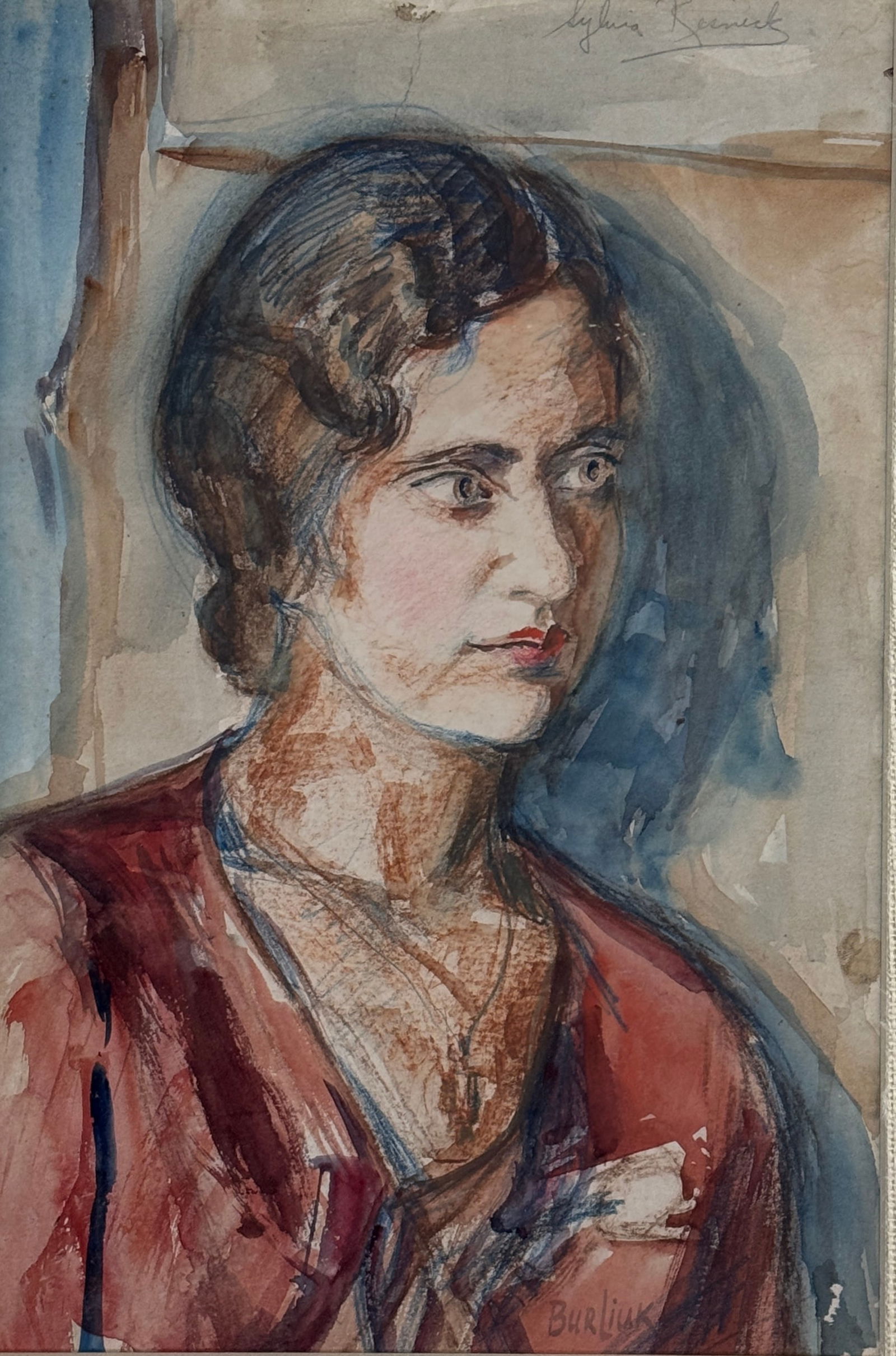 David Davidovich Burliuk (1882 - 1967) Portrait of Sylvia Resnick: David Davidovich Burliuk (1882 - 1967) Mixed Media on paper portrait depicting Sylvia Resnick, signed lower right in watercolor, piece measures 14 x 9.5 and 26.5 x 13 inches w/frame. David Burliuk is
