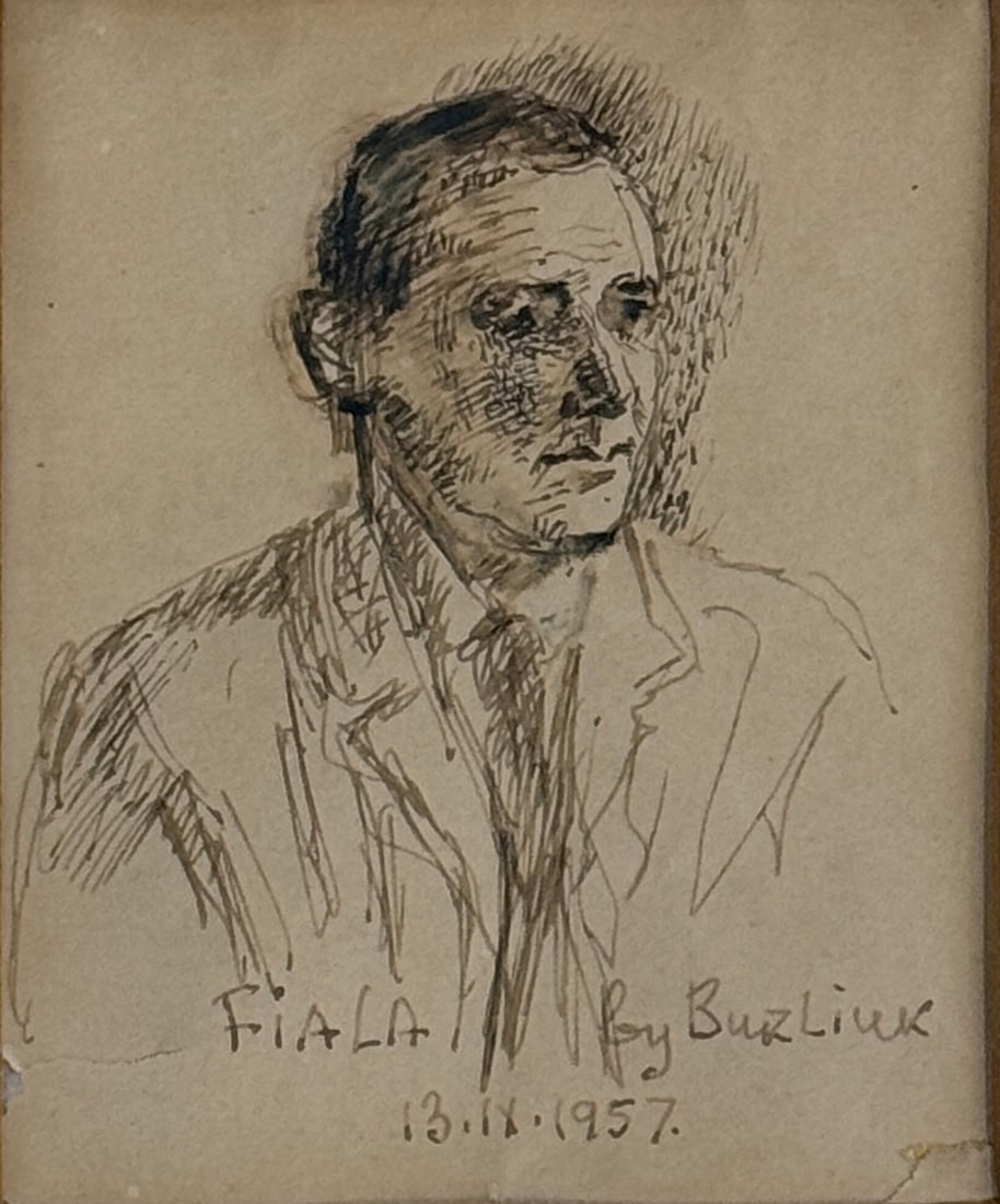 David Davidovich Burliuk (1882 - 1967) Portrait of Vaclav Fiala: David Davidovich Burliuk (1882 - 1967) Ink on paper, signed lower right and titled "Fiala" as a portrait of his professor, executed in 1957 as dated o n bottom center of portrait, piece measures 5 x 4