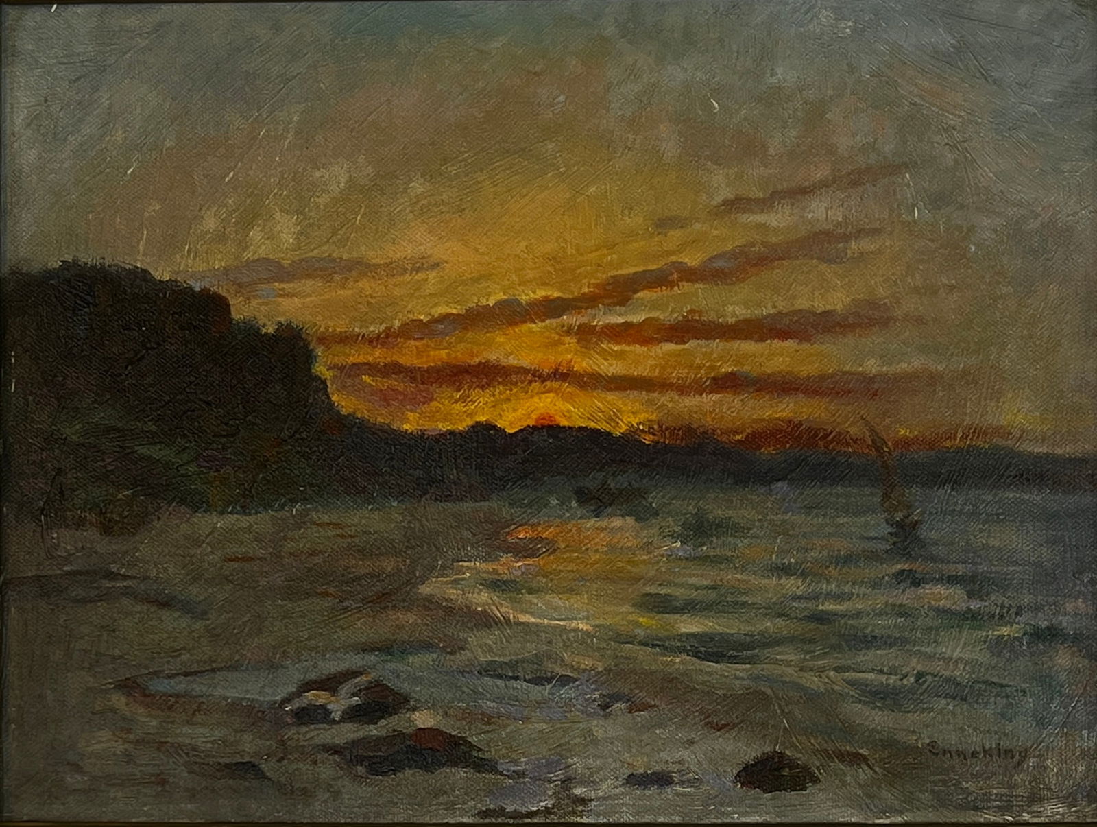 John Joseph Enneking (1841 - 1916) American: John Joseph Enneking (1841 - 1916) Oil on board, signed lower right, piece Measures 12 x 16 inches and 14 x 18 inches with period frame. Piece is in excellent condition. One of New England's prominent