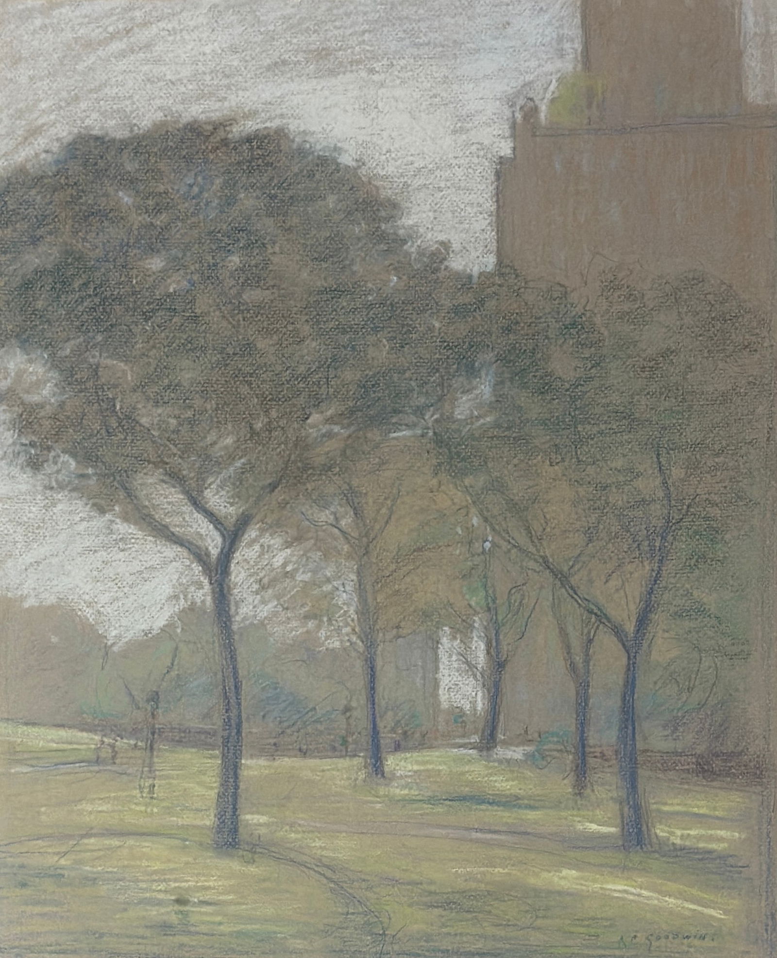 Arthur Clifton Goodwin (1864 - 1929) Central Park: Arthur Clifton Goodwin (1864 - 1929) Pastel on paper depicting Central Park, signed lower right, piece measures 20.5 x 17 and 29 x 25 inches w/frame. A painter especially known for street and waterfro