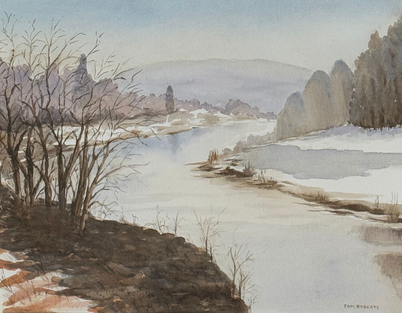 Tom Roberts (1909 - 1998) Canada/American: Thomas Keith Roberts (1909 - 1998) Watercolor on paper depicting winter river scene, signed lower right 'Tom Roberts", piece measures 10 x 14 and 18 x 22 inches w/frame. Tom Roberts was born in Toront
