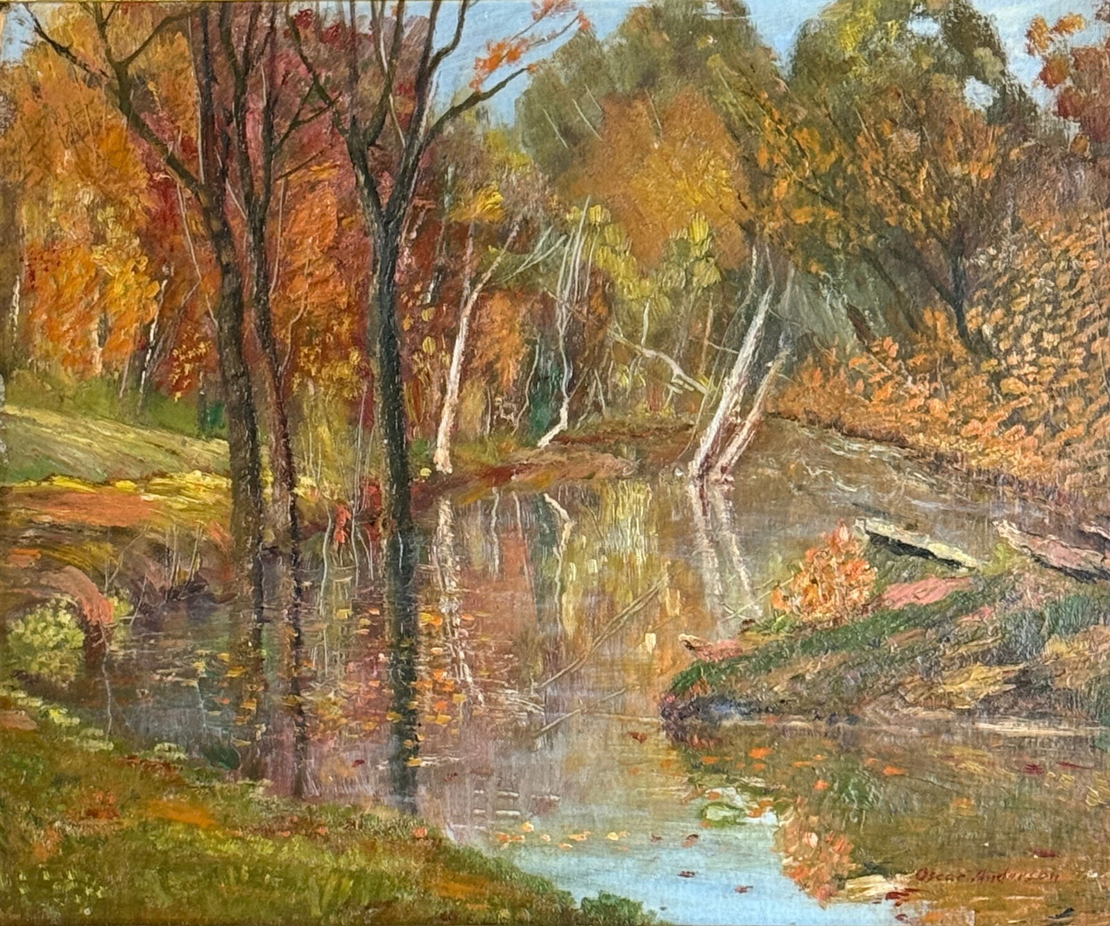 Oscar Anderson (1873 - 1953) American: Oscar Anderson (1873 - 1953) Oil on board, signed lower right, piece measures 13 x 16 and 19 x 22 inches w/frame. A painter and photographer, Oscar Anderson was born in Gotland, Sweden and emigrated t