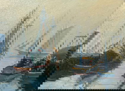 Charles Stepule (1911 - 2006) "Gloucester Scene": Charles Stepule (1911 - 2006) Oil on Canvas board depicting a Gloucester scene with fishermen preparing their boats for the day as the mist slowly lifts, signed on verso/titled "Gloucester Scene" and