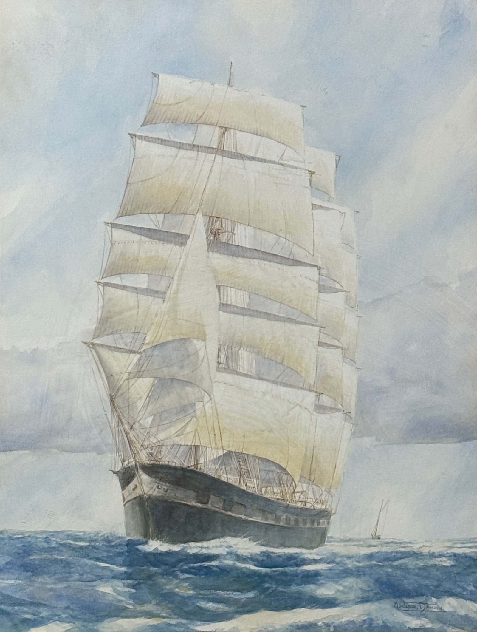 Montague J. Dawson (1890 - 1973) England: Montague J. Dawson (1890 - 1973) Watercolor on paper, signed lower right, measures 28 x 21 and 40 x 32 inches w/frame. Sea painter, Montague Dawson was born in Chiswick, England in 1890, the son of Ch