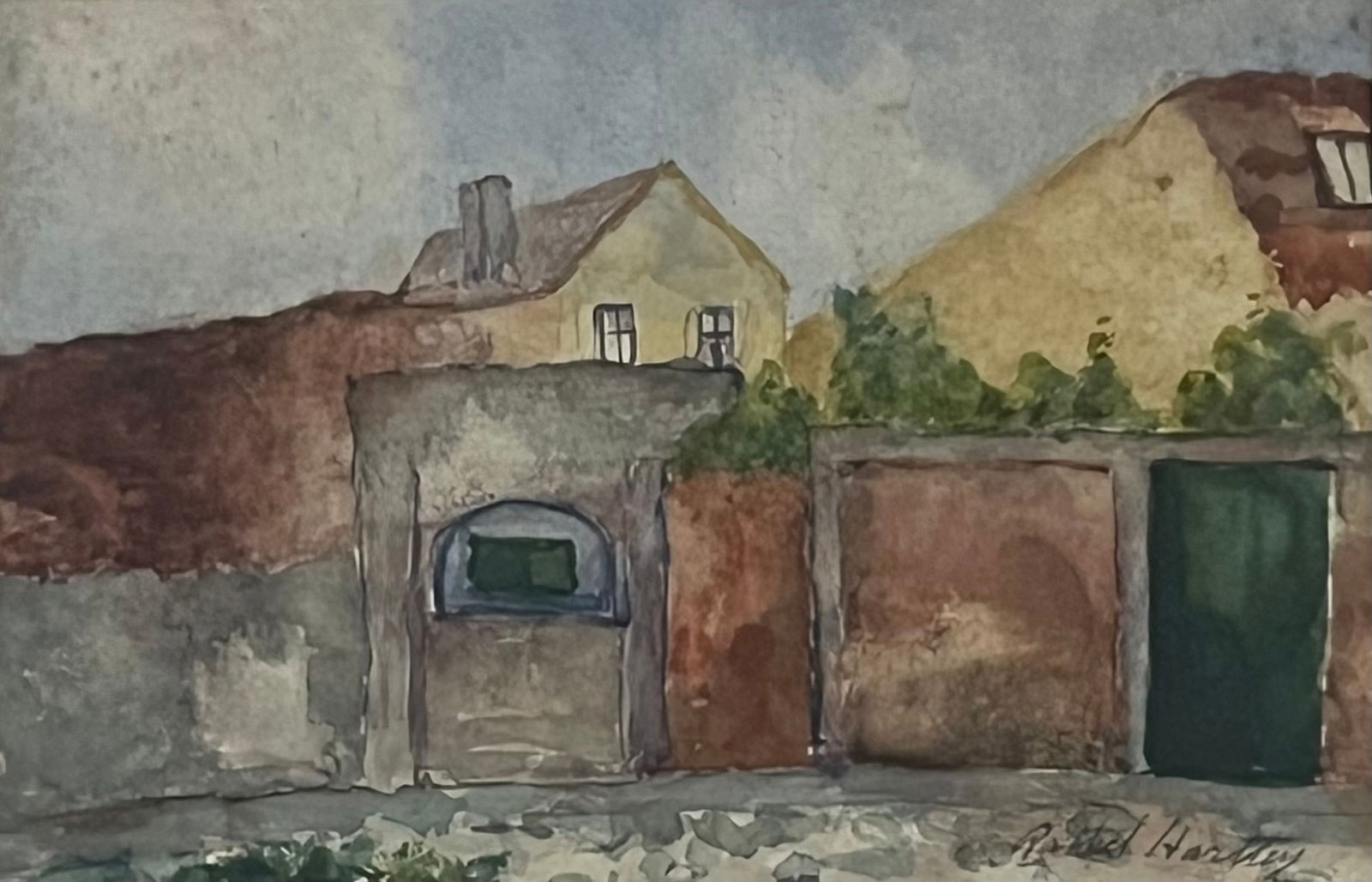 Rachel V. Hartley (1884 - 1955) American: Rachel V. Hartley (1884 - 1955) Watercolor on paper, signed lower right, piece measures 6 x 9 and 12 x 15 inches w/frame. Born in New York City, she was the granddaughter of George Inness and the daug