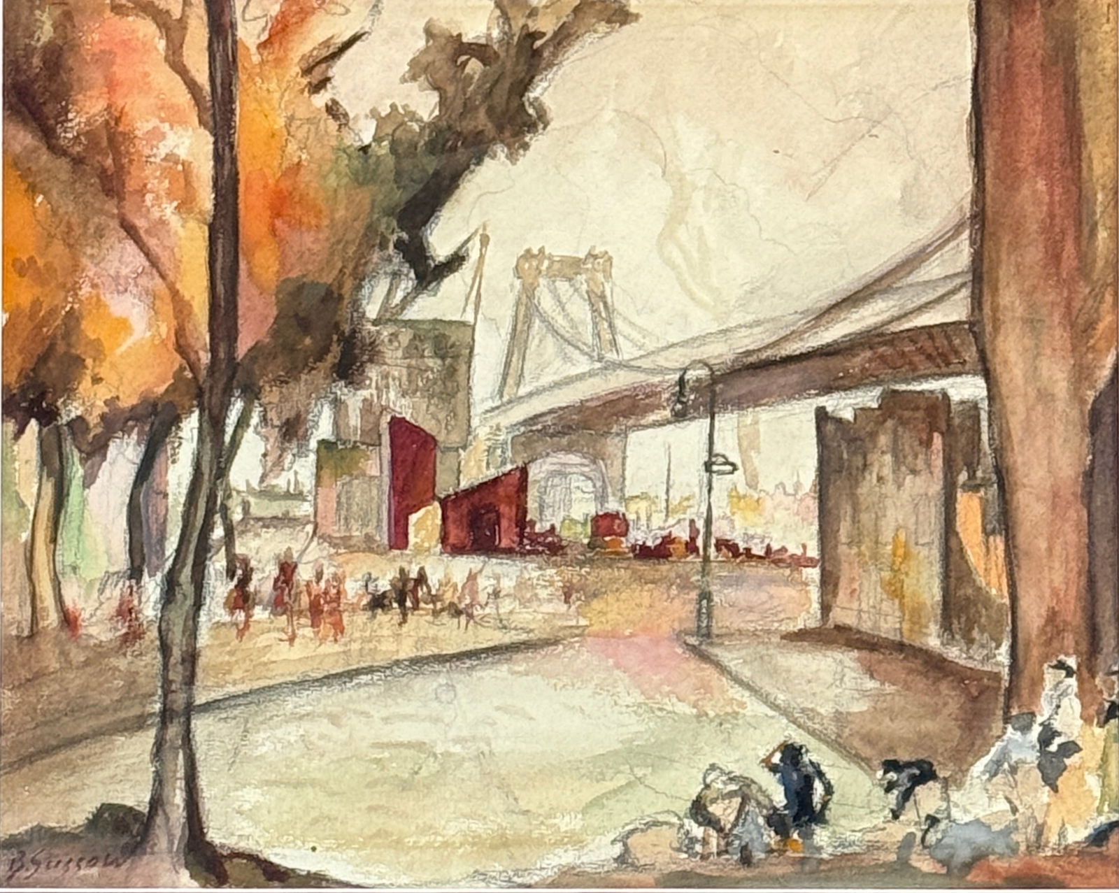 Bernard Gussow (1881 - 1957) American: Bernard Gussow (1881 - 1957) Watercolor on paper, signed lower left, piece measures 9.5 x 11.5 and 18.5 x 20.5 inches w/frame. Russian-born Gussow (born 2 January 1881) was trained at both the Art Stu