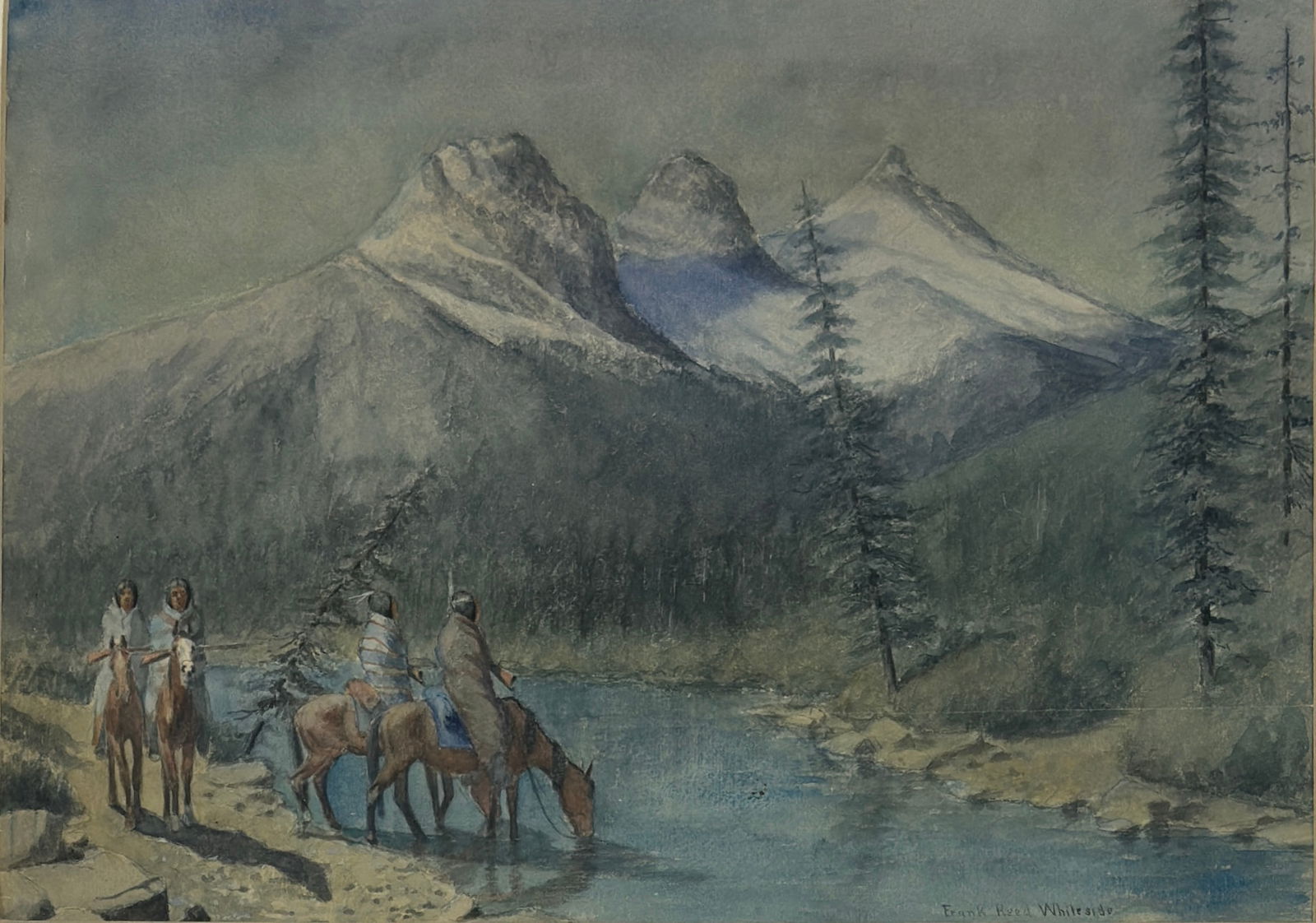 Frank Reed Whiteside (1866-1929) American: Frank Reed Whiteside (1866-1929) Watercolor on paper, signed lower right "Frank Reed Whiteside" and depicts Indians on horses by a river, piece measures 12.5 x 17.5 and 17.5 x 22.5 inches w/frame. Fra