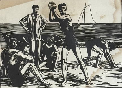 Raphael Drouart (1884 - 1972) Basque Country: Games on the beach: Raphael Drouart (1884 - 1972) Basque Country: Games on the beach Original woodcut on Vellum, signed lower right and numbered lower left, piece measures 12.7 x 10 inches.